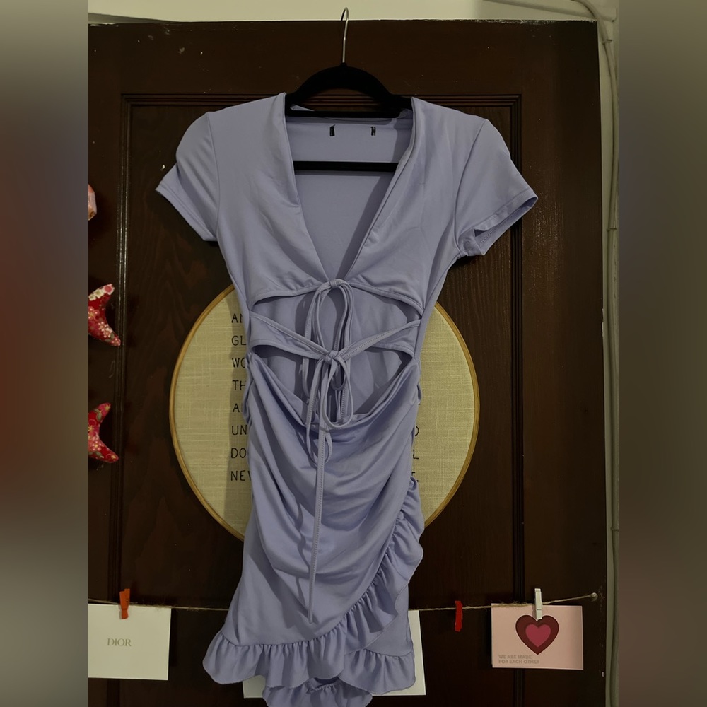 Purple Tied Cutout Front Ruffle Trim Wrap Hem Dress